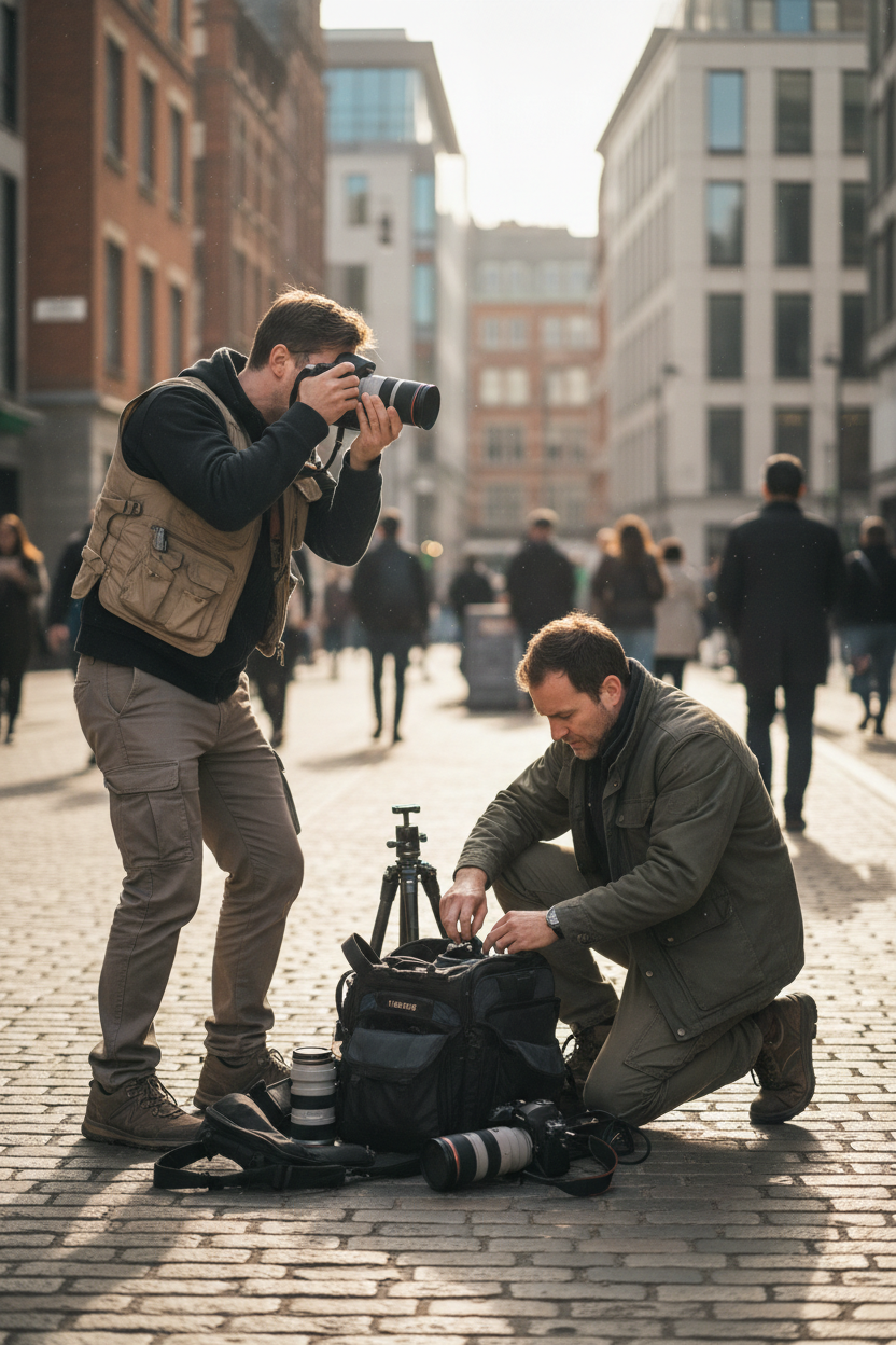 image diapositive de deux personnes photographes dans la rue ou sur un terrain neutre Taille recommandée de l'image : 500x700px