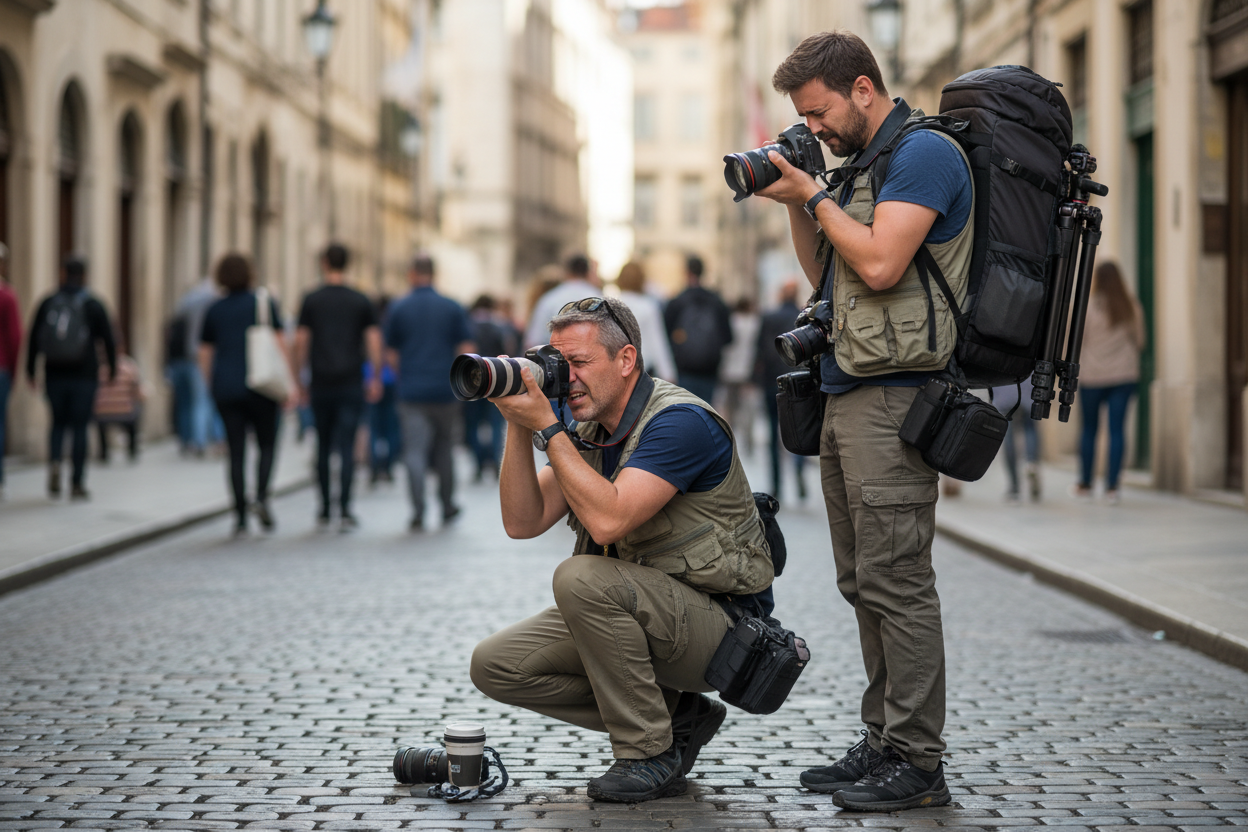 image diapositive de deux personnes photographes dans la rue ou sur un terrain neutre Taille recommandée de l'image : 1900x1080px 
