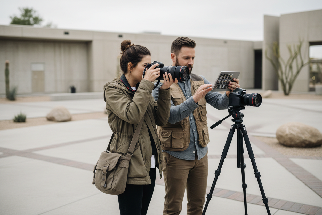 image diapositive de deux personnes photographes dans la rue ou sur un terrain neutre Taille recommandée de l'image : 1900x1080px 